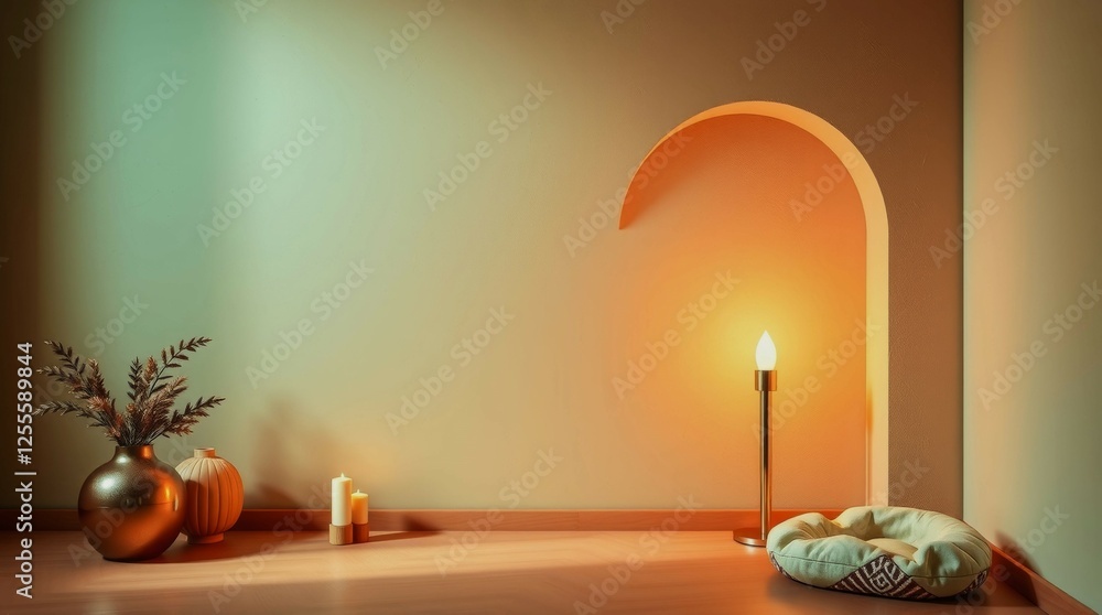 Poster a room with a yellow wall and a lamp in the corner. the lamp is lit and there are two vases on the f