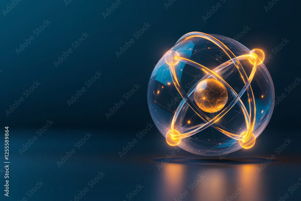Poster a transparent, glass-like atom model with reflective orbits and softly glowing spheres hovering at