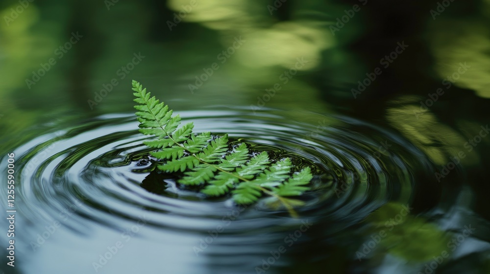 Poster a serene and tranquil pond scene with a green fern leaf floating gently on the water, surrounded by 