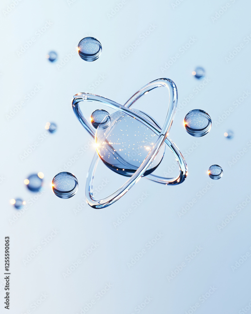 Fototapete A minimal yet futuristic design of a translucent atom structure, reflective loops encircling