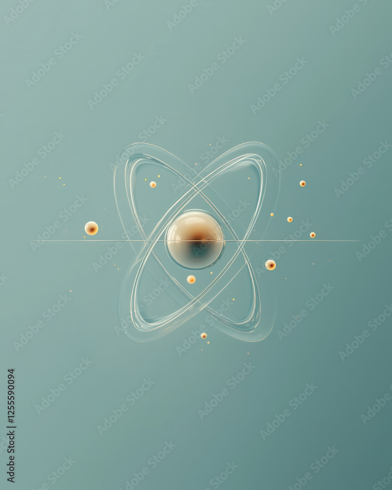 Poster a minimal yet futuristic design of a translucent atom structure, reflective loops encircling