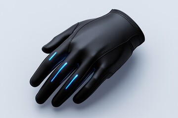 Futuristic black glove with blue led lights on a minimalist background