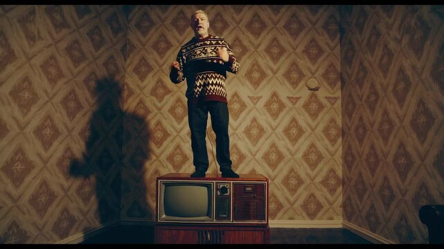 Middle-aged man wearing a festive christmas sweater, standing atop an old television set in a retro-style room adorned with patterned wallpaper, evokes a sense of nostalgia and humor