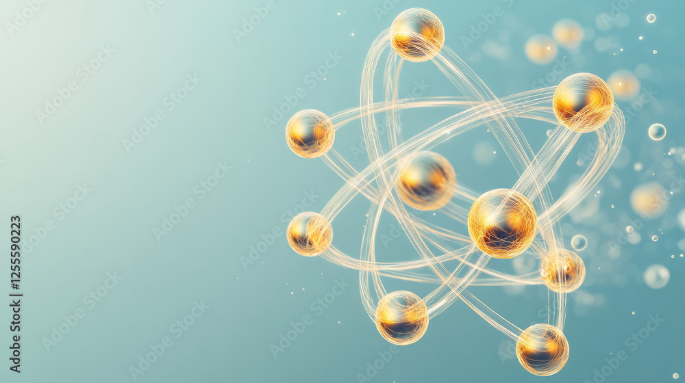 Poster A concept image of an atom with smooth, glass-like electron paths, each dotted by glowing spheres