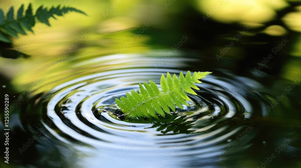 Poster a serene and tranquil pond scene with a green fern leaf floating gently on the water, surrounded by 