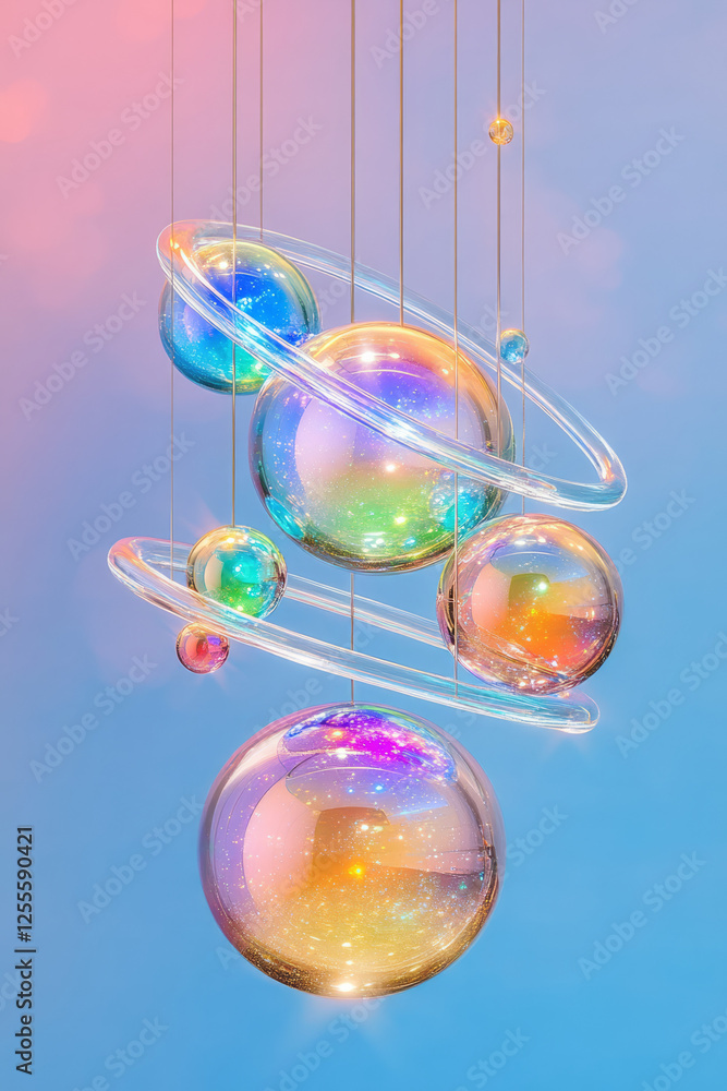 Aufkleber a shimmering, holographic orb arrangement illustrating an atomâ€™s orbits in transparent arcs,