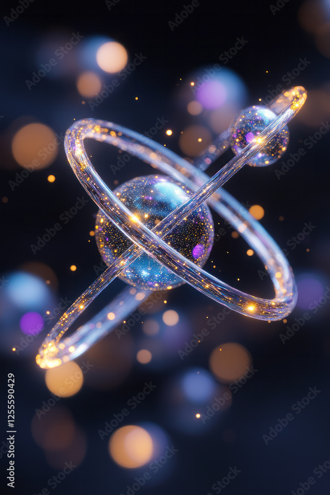 Aufkleber A shimmering, holographic orb arrangement illustrating an atomâ€™s orbits in transparent arcs,