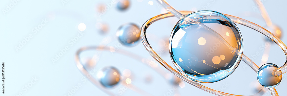 Poster an ultra-modern perspective on atomic structure, using glossy, glass-like loops and small,