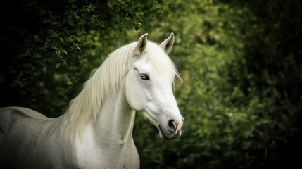 Fototapeta premium Elegant White Horse Portrait Against a Soft Green Background
