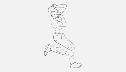 Batsman playing cricket with bowling line drawing Vector illustration. side view