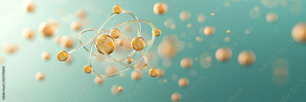 Poster an ultra-modern perspective on atomic structure, using glossy, glass-like loops and small,