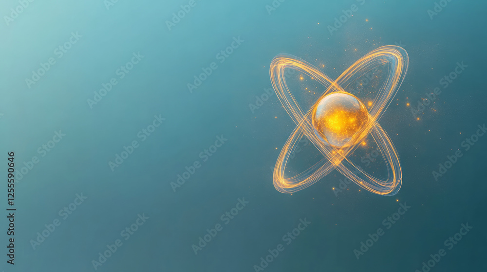 Poster a vivid digital rendering of an atom, highlighting the reflective, swirling paths and softly