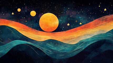 Serene cosmic landscape painted with warm sunset hues and cool teal mountains. AI Generated