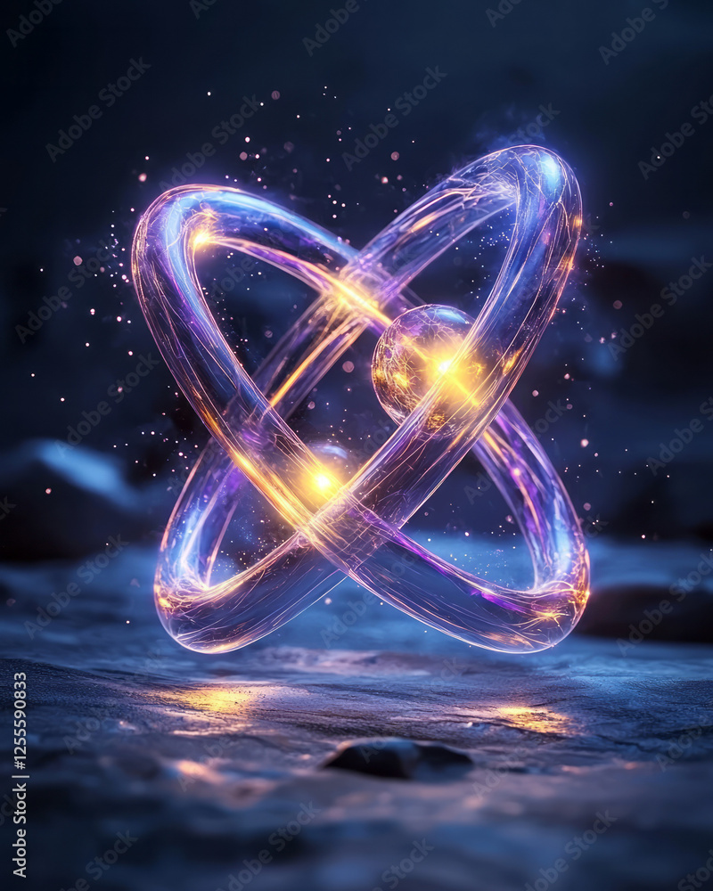 Poster A high-tech atom concept with semi-transparent, curving orbits and floating luminous spheres,
