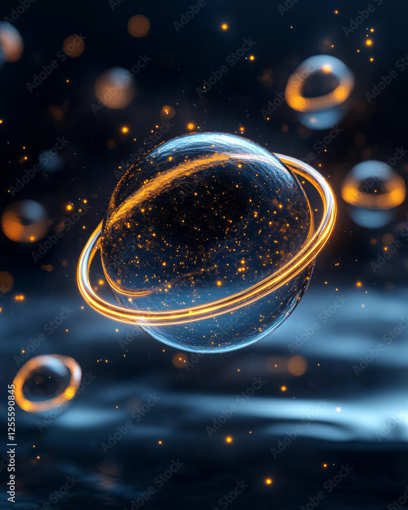 Leinwandbilder A high-tech atom concept with semi-transparent, curving orbits and floating luminous spheres,