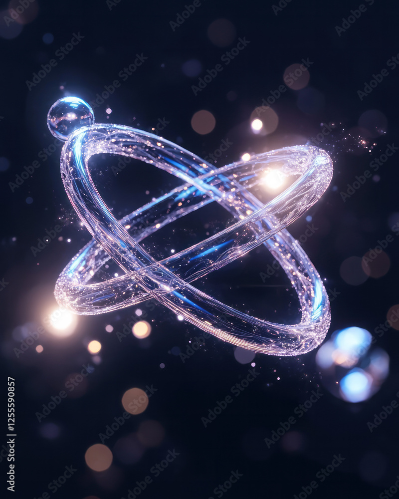 Aufkleber a high-tech atom concept with semi-transparent, curving orbits and floating luminous spheres,