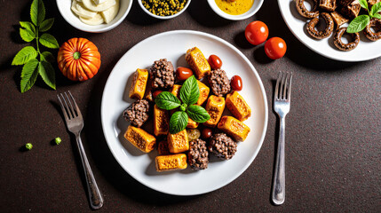 A plate of food with a fork and knife on a table. The plate has a variety of food items including meat, beans, and tomatoes. The table is set with a bowl of dressing and a bowl of vegetables