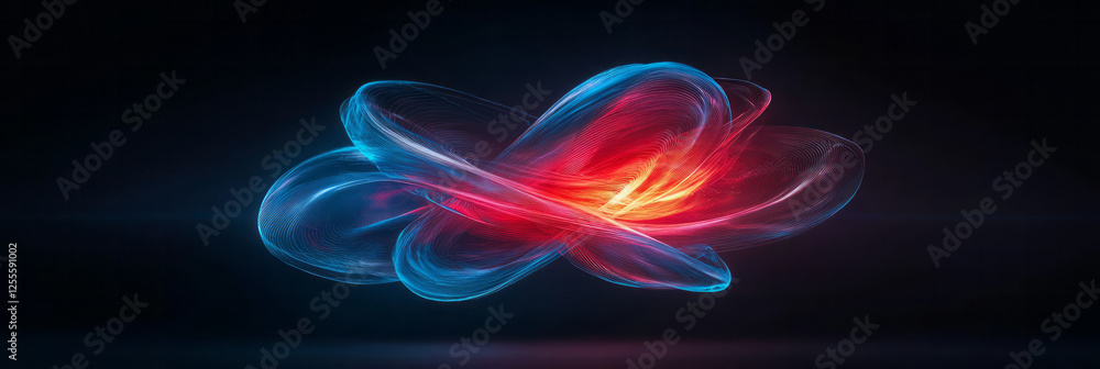 Poster A sleek, sci-fi atom design showing a luminescent red center, with semi-transparent loops weaving