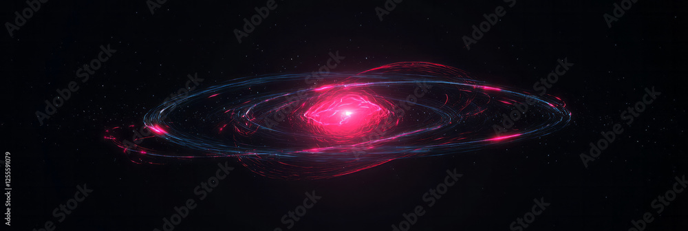 Poster a sleek, sci-fi atom design showing a luminescent red center, with semi-transparent loops weaving