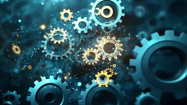 A network of interconnected gears and cogs made of light representing the seamless integration of traditional banking with tingedge fintech solutions.