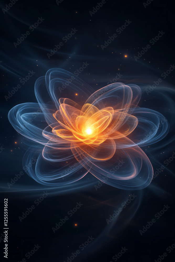 Poster a stylized diagram of an atom-like pattern with a blazing red node at its center and swirling