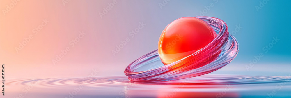 Poster a floating crimson orb, radiating warmth as glassy loops rotate around it, giving off a refined,