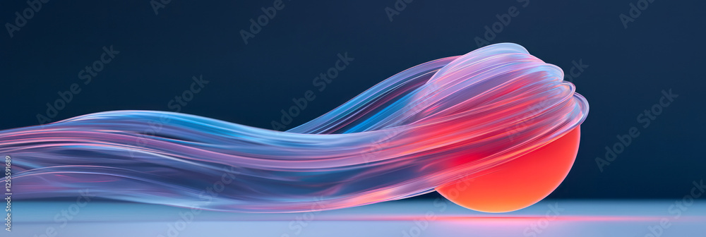 Poster a floating crimson orb, radiating warmth as glassy loops rotate around it, giving off a refined,