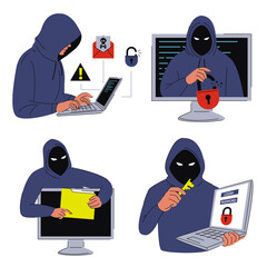 Hacker stealing personal data set vector isolated. Concept of cyber security, fraud and malware. Cybercriminal with laptop computer, personal information in danger.
