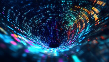 A Visual Depiction of Data Flowing into a Digital Black Hole A Futuristic Representation of Information Processing and Algorithmic Entanglement.
