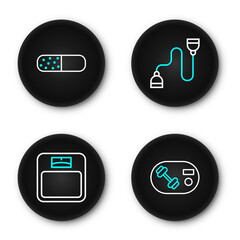 Set line Fitness club, gym card, Bathroom scales, Chest expander and Vitamin pill icon. Vector