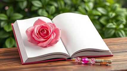 Pink Rose on Open Book with Pen Romantic Spring Scene Nature Background