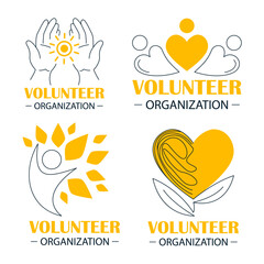 Volunteer organization logo set vector isolated. Collection of logotypes for charity community. Concept of love and support. Volunteer work.
