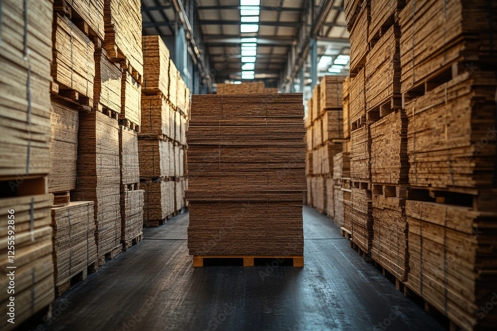 Poster neatly arranged stacks of cardboard in warehouse setting