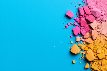 A vivid close-up composition of crushed makeup powders in bright blue, fiery red, soft pink, and