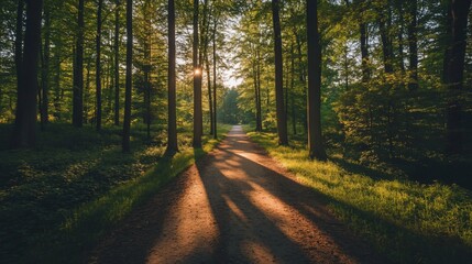 Fototapeta premium Sunlit Path Through Serene Forest: A Tranquil Walk in Nature's Embrace