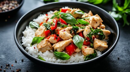 Close-up of rice and spicy Thai basil chicken with bell peppers and chili in a black bowl, emphasizing spicy and aromatic qualities. Ideal for Thai cuisine and flavorful meals.