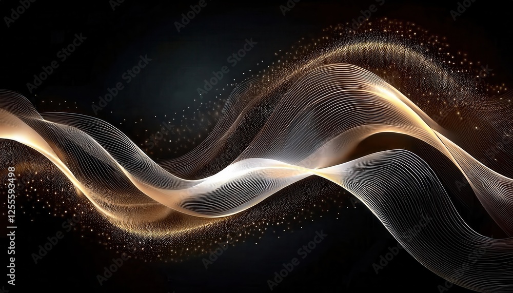 Poster golden abstract wave pattern with flowing light trails on black background for luxury design and digital backdrop