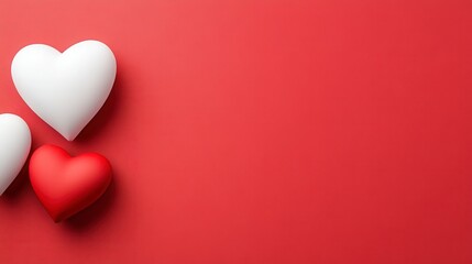 Three hearts, two white and one red, rest on a deep red background. The hearts are smooth, 3D like, and arranged in a slight diagonal. The background