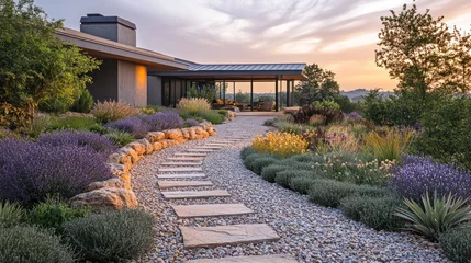 Fototapeten A xeriscape garden with gravel paths, drought-resistant plants, and a minimalist design. © Super