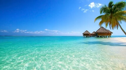 Fototapeta premium Tropical beach scene with turquoise water and thatched bungalows, clear sky, and palm trees. Calm water with sunlit reflections, showcasing a