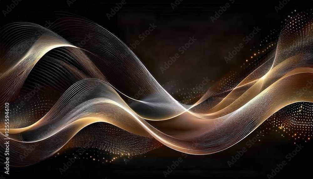 Poster golden abstract wave pattern with flowing light trails on black background for luxury design and digital backdrop
