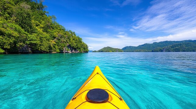 Tropical turquoise water kayak view, bright sunny day, lush green island, vibrant yellow kayak, tranquil scene, perfect for relaxing getaway, clear - Powered by Adobe