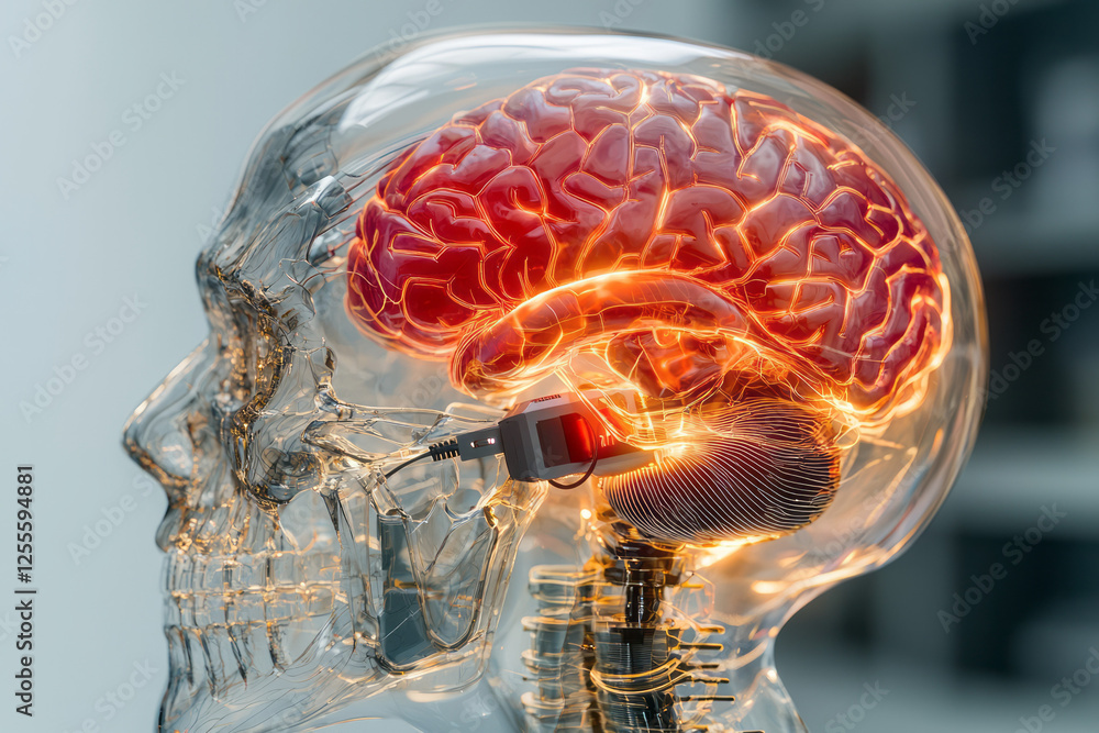 Poster a futuristic humanoid with a transparent skull revealing a glowing red brain, complete with a sleek