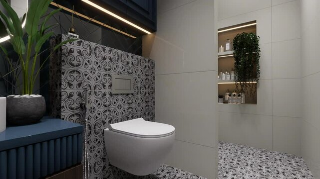 Luxurious contemporary bathroom with a black and white patterned floor, dark shower tiles, floating toilet, and stylish built-in shelves with ambient lighting in 3D animation.