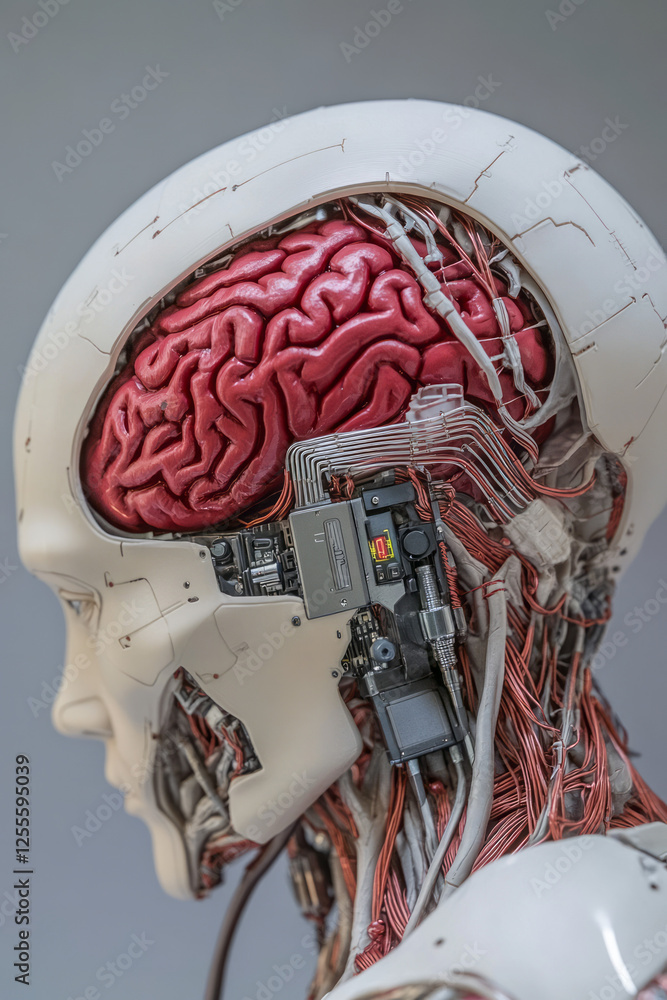 Poster A sci-fi-inspired figure showing intricate cranial circuitry and a vivid red brain, connected to an