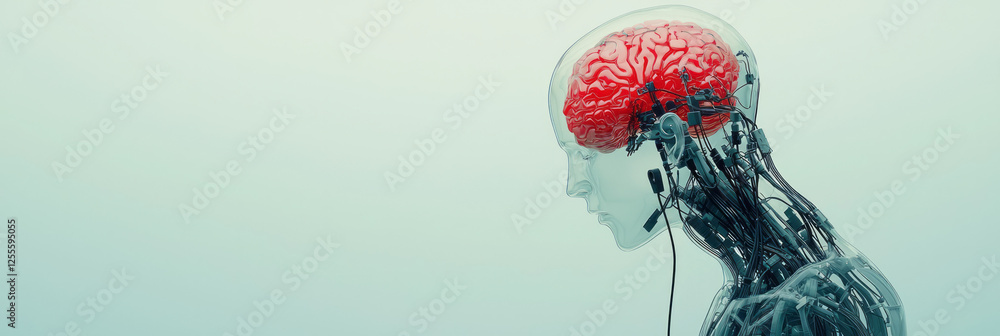 Aufkleber a hyper-detailed robot-human hybrid featuring a ruby-hued brain visible under a translucent casing,