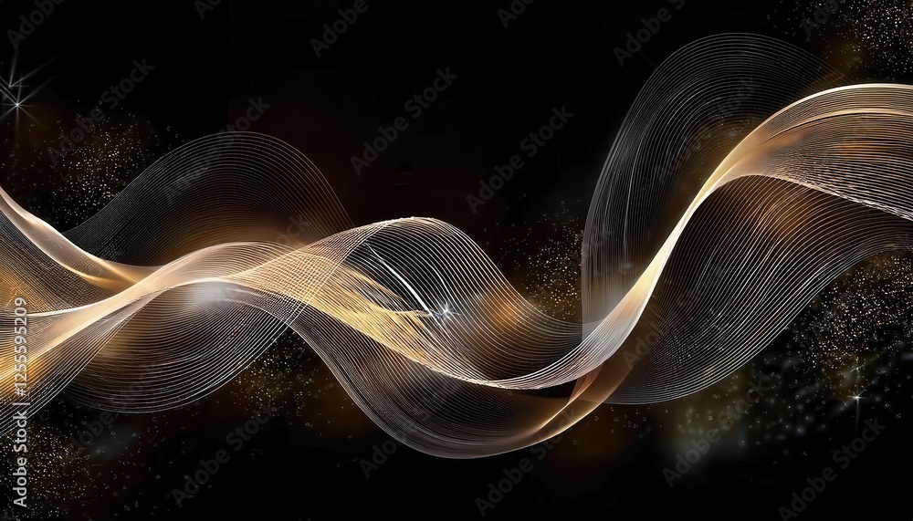 Aufkleber golden abstract wave pattern with flowing light trails on black background for luxury design and digital backdrop