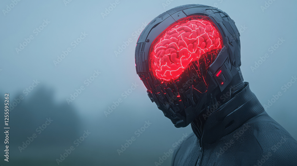 Fototapete a near-future cyborg design displaying an exposed, illuminated red brain, seamlessly integrating a