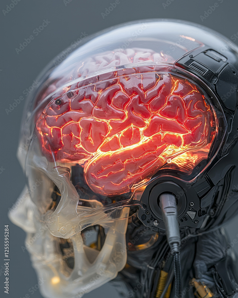 Poster an ultra-modern android figure standing still as a dynamic red brain glows beneath a clear skull