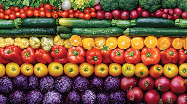 Vibrant array of fresh produce tomatoes, zucchini, peppers, oranges, and red cabbage, arranged in colorful rows.  Perfect for healthy eating, farm-to-table, or vegetarian themes.